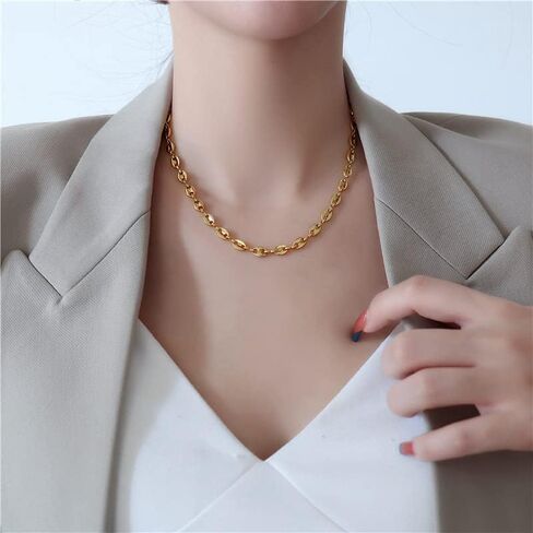 2Pcs Paperclip Chain Jewelry Set,14K Gold Coffee Bean Link Necklace Charm Stainless Steel Bracelets Trendy Aesthetic Pig Nose Necklace Bracelets Gift in Saudi Arabia