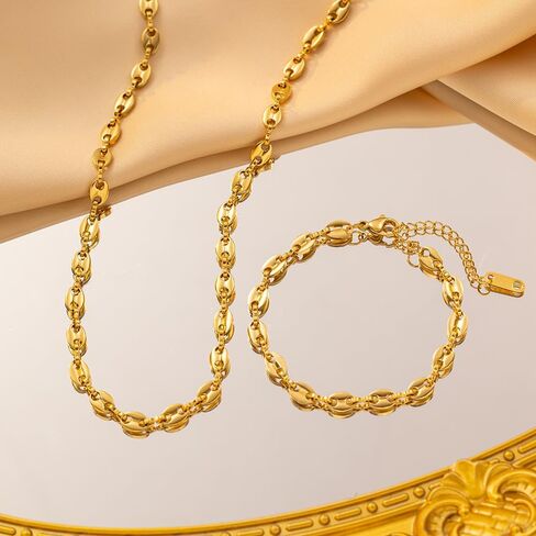 2Pcs Paperclip Chain Jewelry Set,14K Gold Coffee Bean Link Necklace Charm Stainless Steel Bracelets Trendy Aesthetic Pig Nose Necklace Bracelets Gift in Saudi Arabia