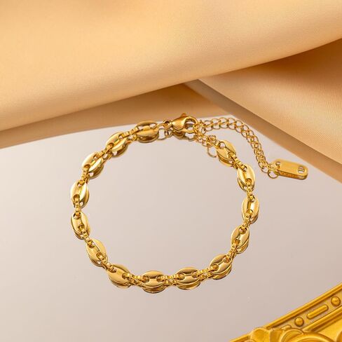 2Pcs Paperclip Chain Jewelry Set,14K Gold Coffee Bean Link Necklace Charm Stainless Steel Bracelets Trendy Aesthetic Pig Nose Necklace Bracelets Gift in Saudi Arabia