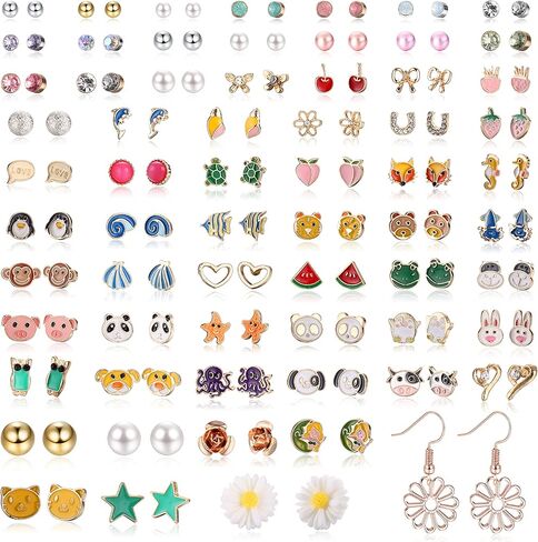 Subiceto 65 زوجًا من الأقراط المصنوعة من الفولاذ المقاوم للصدأ للنساء مجموعة متنوعة من الأقراط اللطيفة على شكل حيوان ثعلب الباندا والفواكه وزهرة مختلط الألوان in Kuwait