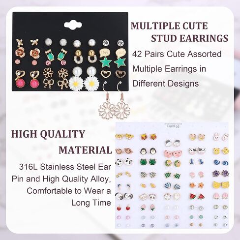 Subiceto 65 زوجًا من الأقراط المصنوعة من الفولاذ المقاوم للصدأ للنساء مجموعة متنوعة من الأقراط اللطيفة على شكل حيوان ثعلب الباندا والفواكه وزهرة مختلط الألوان in Kuwait