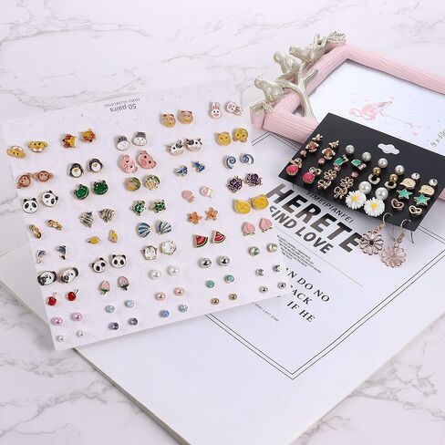 Subiceto 65 زوجًا من الأقراط المصنوعة من الفولاذ المقاوم للصدأ للنساء مجموعة متنوعة من الأقراط اللطيفة على شكل حيوان ثعلب الباندا والفواكه وزهرة مختلط الألوان in Kuwait