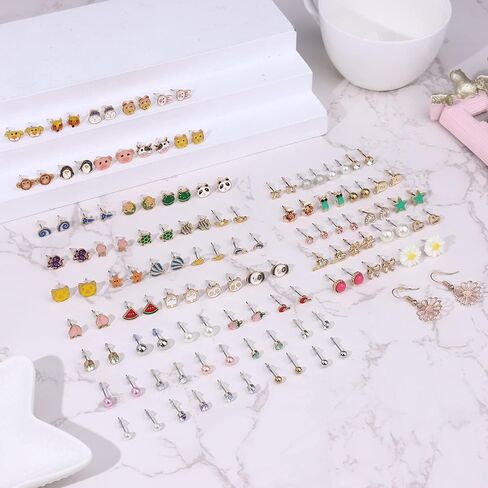 Subiceto 65 زوجًا من الأقراط المصنوعة من الفولاذ المقاوم للصدأ للنساء مجموعة متنوعة من الأقراط اللطيفة على شكل حيوان ثعلب الباندا والفواكه وزهرة مختلط الألوان in Kuwait