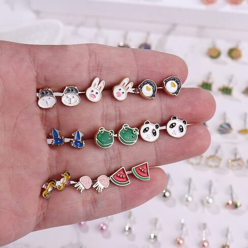 Subiceto 65 زوجًا من الأقراط المصنوعة من الفولاذ المقاوم للصدأ للنساء مجموعة متنوعة من الأقراط اللطيفة على شكل حيوان ثعلب الباندا والفواكه وزهرة مختلط الألوان in Kuwait