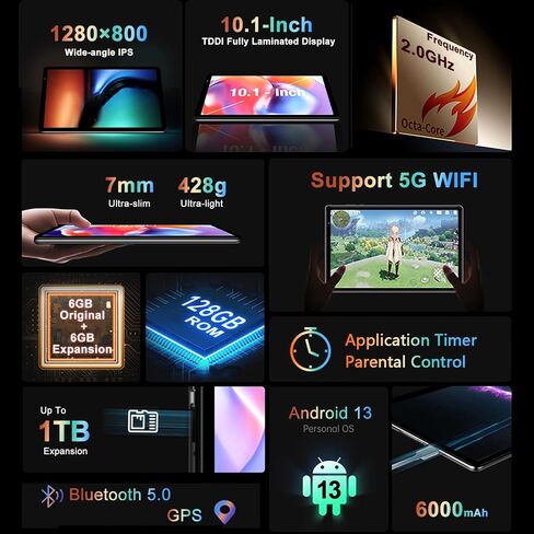 YESTEL أحدث جهاز لوحي 2024 Android 13 Tablet 10.1 بوصة مع معالج ثماني النواة، ذاكرة وصول عشوائي 12 جيجابايت + ذاكرة تخزين داخلية 128 جيجابايت (توسيع إلى 1 تيرابايت)، شاشة IPS HD، واي فاي، بلوتوث، نظام تحديد المواقع العالمي، 6000 مللي أمبير، مع حافظة - رما in Saudi Arabia