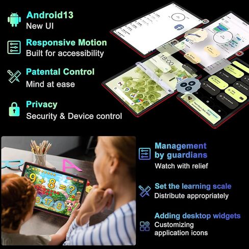 YESTEL أحدث جهاز لوحي 2024 Android 13 Tablet 10.1 بوصة مع معالج ثماني النواة، ذاكرة وصول عشوائي 12 جيجابايت + ذاكرة تخزين داخلية 128 جيجابايت (توسيع إلى 1 تيرابايت)، شاشة IPS HD، واي فاي، بلوتوث، نظام تحديد المواقع العالمي، 6000 مللي أمبير، مع حافظة - رما in Kuwait