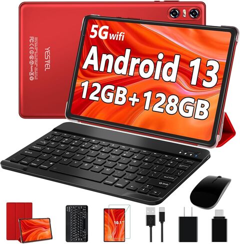 YESTEL أحدث جهاز لوحي 2024 Android 13 Tablet 10.1 بوصة مع معالج ثماني النواة، ذاكرة وصول عشوائي 12 جيجابايت + ذاكرة تخزين داخلية 128 جيجابايت (توسيع إلى 1 تيرابايت)، شاشة IPS HD، واي فاي، بلوتوث، نظام تحديد المواقع العالمي، 6000 مللي أمبير، مع حافظة - رما in Kuwait