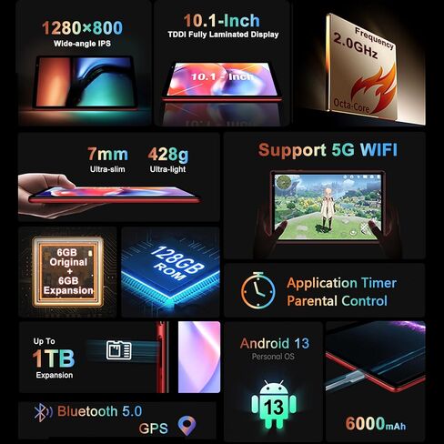 YESTEL أحدث جهاز لوحي 2024 Android 13 Tablet 10.1 بوصة مع معالج ثماني النواة، ذاكرة وصول عشوائي 12 جيجابايت + ذاكرة تخزين داخلية 128 جيجابايت (توسيع إلى 1 تيرابايت)، شاشة IPS HD، واي فاي، بلوتوث، نظام تحديد المواقع العالمي، 6000 مللي أمبير، مع حافظة - رما in Kuwait