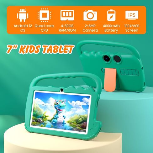 جهاز لوحي للأطفال مقاس 7 بوصة للأولاد والبنات، جهاز Android 12 جهازًا لوحيًا للأطفال، ذاكرة وصول عشوائي سعتها 4 جيجابايت وذاكرة قراءة فقط 32 جيجابايت، جهاز لوحي للأطفال الصغار مزود بتقنية WIFI وبلوتوث وشاشة IPS آمنة للعين، ومراقبة أبوية، وكاميرا مزدوجة حا in Kuwait
