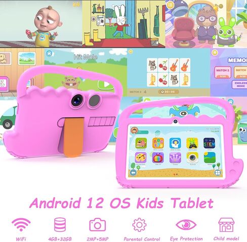 جهاز لوحي للأطفال مقاس 7 بوصة للأولاد والبنات، جهاز Android 12 جهازًا لوحيًا للأطفال، ذاكرة وصول عشوائي سعتها 4 جيجابايت وذاكرة قراءة فقط 32 جيجابايت، جهاز لوحي للأطفال الصغار مزود بتقنية WIFI وبلوتوث وشاشة IPS آمنة للعين، ومراقبة أبوية، وكاميرا مزدوجة حا in Kuwait