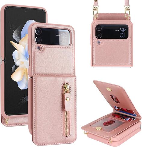 Cavor for Samsung Galaxy Z Flip 4 Case Wallet with for Women,Galaxy Z Flip 4 Case with Strap,Crossbody Strap Lanyard Card Holder Stand,Flip 4 Phone Case Cute,Leather Zipper Pocket Cover-Rosegold in Saudi Arabia