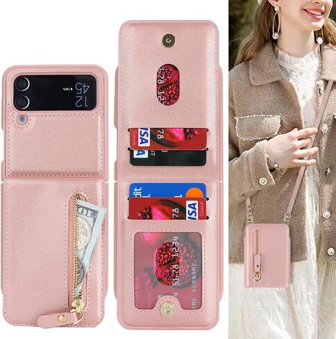 Cavor for Samsung Galaxy Z Flip 4 Case Wallet with for Women,Galaxy Z Flip 4 Case with Strap,Crossbody Strap Lanyard Card Holder Stand,Flip 4 Phone Case Cute,Leather Zipper Pocket Cover-Rosegold in Saudi Arabia
