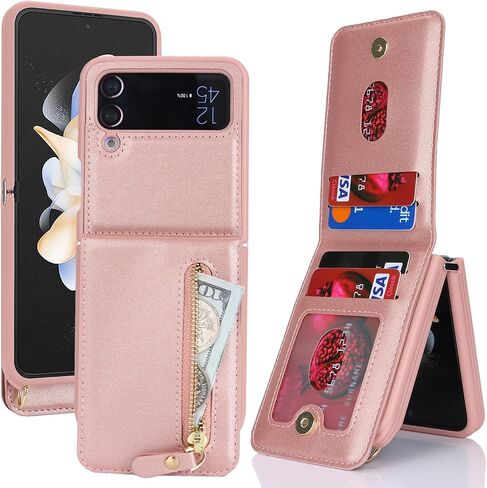 Cavor for Samsung Galaxy Z Flip 4 Case Wallet with for Women,Galaxy Z Flip 4 Case with Strap,Crossbody Strap Lanyard Card Holder Stand,Flip 4 Phone Case Cute,Leather Zipper Pocket Cover-Rosegold in Saudi Arabia