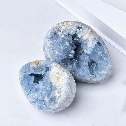 مجموعة عينات معدنية من حجر السيليستيت الأزرق الطبيعي للشفاء على شكل بيضة من الكريستال مع حامل ديكور مكتب منزلي 3.5-4.0 رطل in Kuwait
