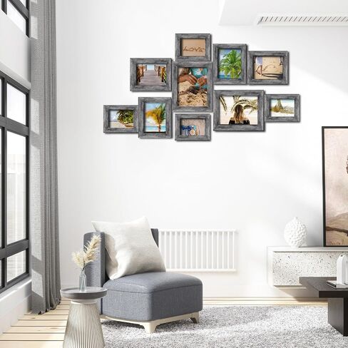 مجموعة إطار صور زجاجي مع اثنين 8 × 10، أربعة 5 × 7، أربعة 4 × 6، إطار جداري لمعرض الكولاج الريفي، إطارات صور خشبية لبيت المزرعة لديكور معرض جدار غرفة المعيشة أو المكتب، أسود ريفي in Saudi Arabia