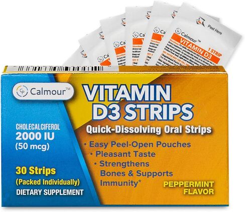CALMOUR Vitamin D3 Strips 10 Pack| 2000 IU Oral Dissolvable D3 Vitamin Strips | Peppermint Flavor Melts on Your Tongue in 30 Seconds | Boost Immunity & Enhance Mental Focus with Vitamin D3 2000 in Saudi Arabia