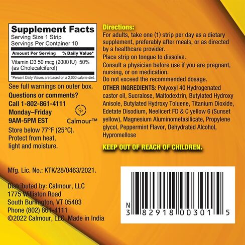 CALMOUR Vitamin D3 Strips 10 Pack| 2000 IU Oral Dissolvable D3 Vitamin Strips | Peppermint Flavor Melts on Your Tongue in 30 Seconds | Boost Immunity & Enhance Mental Focus with Vitamin D3 2000 in Saudi Arabia
