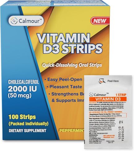 CALMOUR Vitamin D3 Strips 10 Pack| 2000 IU Oral Dissolvable D3 Vitamin Strips | Peppermint Flavor Melts on Your Tongue in 30 Seconds | Boost Immunity & Enhance Mental Focus with Vitamin D3 2000 in Saudi Arabia