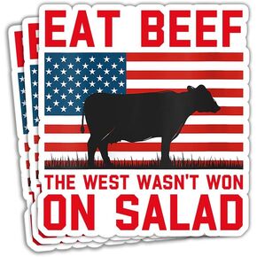 (Set of 3) Eat Beef The West Wasn't Won On Salad Sticker BBQ Smoker Grilling Pitmaster Barbecue American Flag Sticker BBQ Smoking Meat Lover Sticker Gift Decoration Bumper Sticker 3"x4"