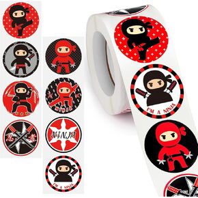 Leinuosen 500 Pcs Ninja Stickers Ninja Party Favors Warrior Ninja Themed Sticker Roll Round Ninja Sticker Vinyl Karate Sticker for Kids Teens Birthday Party Supplies, 1.5 Inch, One Roll, Red and Black