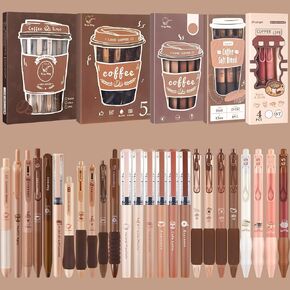 5 Pack Cute Coffee Pens Include 24 Pcs Retractable Gel Ink Pens and 1 Pcs Highlighter 0.5mm Fine Point Black Ink for School Office Supplies Coffee Lovers Gift