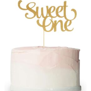 1st Birthday Gold Cake Topper - Glitter Sweet One Cake Topper for Photo Booth Props, Single-Sided First Anniversary Party Shower Cake Smash Decorating