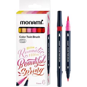 MONAMI Color Twin Brush Dual Brush Pen Double Tipped Fine & Medium Marker for Coloring Book/Calligraphy/Lettering/Illustrations, Flower 6-Pack (Yellow,Pale Orange,Baby Pink,Pink,Orange,Red)