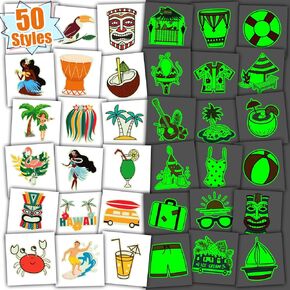 Partywind Glow Hawaiian Tattoos for Kids Party Decorations, Hawaiian Luau Gifts for Party Supplies Favors Goodie Bag Stuffers, Fake Tattoo Stickers for Beach Pool Party Accessories (50 Styles)