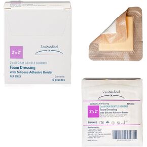 ZeniFoam Gentle (2" x 2") Polyurethane Foam Dressing with Silicone Adhesive Without Border, Skin-Friendly, Highly Absorbent, Latex-Free, with Waterproof Backing (10/Box)