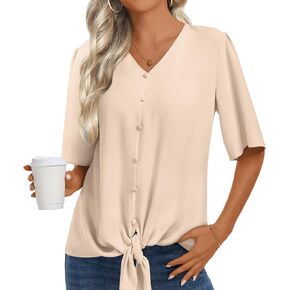 Womens 2024 Summer Tops V-Neck Casual Button Down Shirts Short Sleeve Trendy Blouses