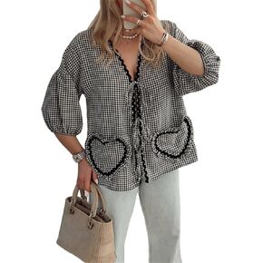 Women Y2k Love Heart Embroidery Peplum Blouse Puff Sleeve Tie Front Plaid Shirt Teen Girls Cute Summer Shirt
