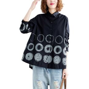 ellazhu Women's Autum Circle Printed Tops Irregular Hem Long Sleeve Shirt GZ13