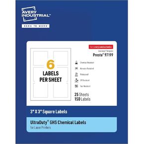 Avery UltraDuty GHS Labels, Waterproof, 1 X 1 Inch Square Labels, Pack of 1200 White Labels for Use with Laser Printers