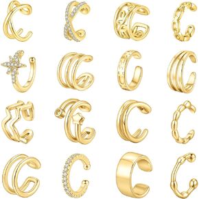 16 PCS 𝐄𝐚𝐫 𝐂𝐮𝐟𝐟 𝐄𝐚𝐫𝐫𝐢𝐧𝐠𝐬 for Women 𝐍𝐨𝐧 𝐏𝐢𝐞𝐫𝐜𝐢𝐧𝐠 𝐄𝐚𝐫𝐫𝐢𝐧𝐠𝐬 Gold Silver Plated 𝐄𝐚𝐫 𝐂𝐮𝐟𝐟𝐬 𝐟𝐨𝐫 𝐍𝐨𝐧 𝐏𝐢𝐞𝐫𝐜𝐞𝐝 𝐄𝐚𝐫𝐬 Adjustable Clip on Cartilage Earring Fake Earrings Set