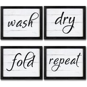 4 Pieces Funny Laundry Signs Wash, Dry, Fold, Repeat Sign Funny Laundry Room Wall Art Signs Framed Rustic Farmhouse Hanging Wood Wall Decor for Home Laundry Bathroom, 10 x 8 Inch (Black)