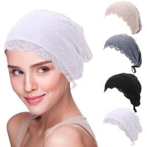 4 Pcs Lace Cotton Elastic Inner Beanies Cap for Islamic Muslim Hijab Undercap with Tie Back Closure Under Scarf Hat