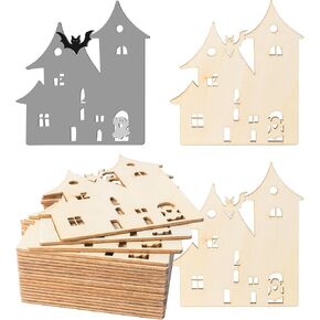 Halloween Blank Spook House Wood Haunted House Wood Ghost Wooden with Twines Art Unfinished Ornaments for Christmas Wedding Birthday Party Halloween Thanksgiving Day Decoration 20Pcs