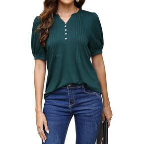 Women's Casual V Neck T Shirt Loose Puff Short Sleeve Tops Botton Down Ruffle Tunic Blouses