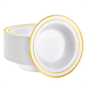 Goodluck 25 Pack Black Plastic Bowls with Gold Rim, 12oz Disposable Soup Bowls, Heavy Duty Dessert Bowls for Weddings, Parties, Dinners, Catering, and Everyday Use