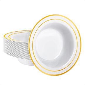 Goodluck 25 Pack Black Plastic Bowls with Gold Rim, 12oz Disposable Soup Bowls, Heavy Duty Dessert Bowls for Weddings, Parties, Dinners, Catering, and Everyday Use