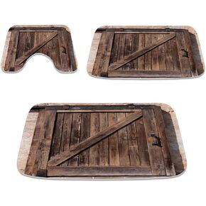 Farmhouse Wooden Barn Door Rustic Bathroom Rugs and Mats Sets 3 Piece, Large Imitation Cashmere Bath Mat, U-Shaped Contour Shower Mat Non Slip Absorbent, Velvet Washable 20 x 31 inch