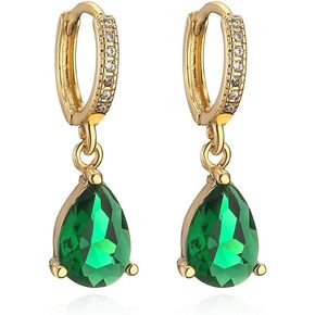 Green CZ Teardrop Cubic Zirconia Dangle Drop Small Hoop Earrings for Womens Girls Dainty Vintage 14K Gold Plated Emerald Crystal Oval Dangling Wedding Hypoallergenic Fashion Elegant Diamond Jewelry Gifts Bridesmaid