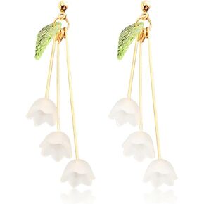 Lily Flower Tassel Earrings Gold Plated Elegant Fairy White Lily Bell Orchid Petal Green Leaf Plant Chandelier Long Nature Dangle Drop Earrings for Women Teen Girls Spring Summer Holiday Fashion Jewelry Gifts