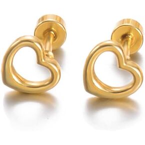 Cute 18G Hollow Heart Screw Flat Back Small Stud Earrings for Women Teen Girls Minimalist Surgical Steel Gold Plated Hearted Love Cartilage Tragus Piercing Little Studs Hypoallergenic Gift Her