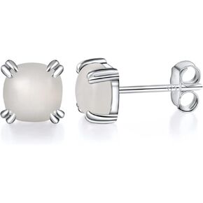 Gemstone 925 Sterling Silver Stud Earrings White Gold Plated Post Natural Stone Lapis Lazuli Larimar Tiger Eyes Moonstone 6mm Square Earrings Stud for Women 1 Pair(Nickel Free)