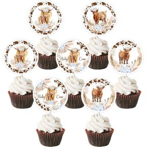 36Pcs Highland Cow Cupcake Toppers Blue for Boys Highland Cow Baby Shower Decorations, Highland Cow Birthday Party Supplies