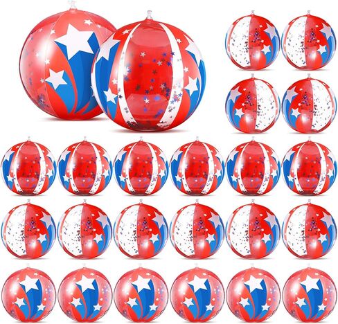 24 Pcs Patriotic Inflatable Beach Balls 12 inch Glitter Pool Toys Balls Bulk 4th of July Red White and Blue Beach Balls with Star Confetti for Beach Summer Boy Girl Party Favors in Saudi Arabia