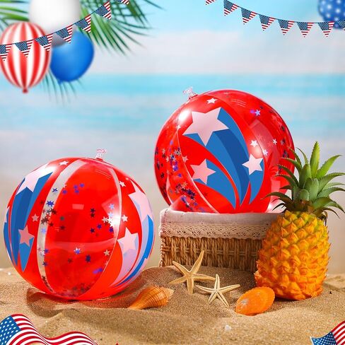 24 Pcs Patriotic Inflatable Beach Balls 12 inch Glitter Pool Toys Balls Bulk 4th of July Red White and Blue Beach Balls with Star Confetti for Beach Summer Boy Girl Party Favors in Saudi Arabia