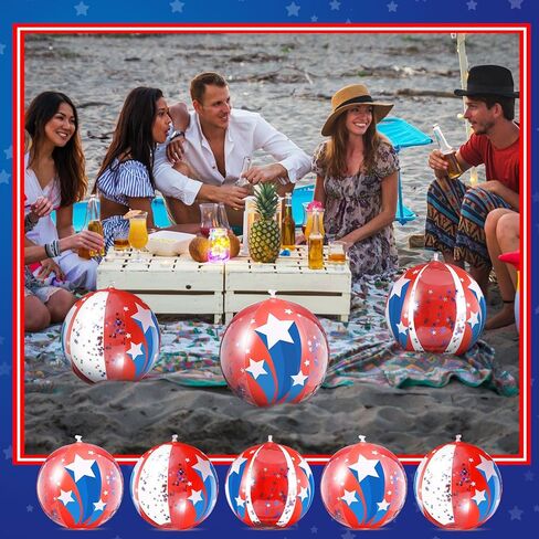 24 Pcs Patriotic Inflatable Beach Balls 12 inch Glitter Pool Toys Balls Bulk 4th of July Red White and Blue Beach Balls with Star Confetti for Beach Summer Boy Girl Party Favors in Saudi Arabia