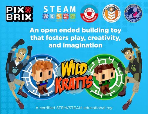 Pix Brix - مجموعة Wild Kratts Pixel Art Kit - شخصيات Kratt Brothers، 329 قطعة - شريحة حاصلة على براءة اختراع + مكعبات بناء ألغاز مكدسة، اصنع شخصيات مارتن وكريس - ألعاب جذعية، للأعمار من 6 سنوات فما فوق in Kuwait